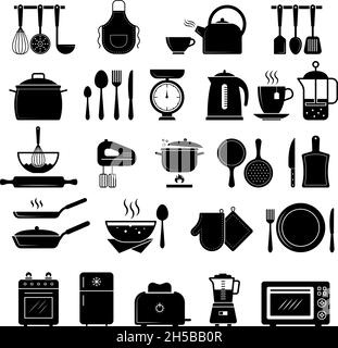 Icône cuisine.Ustensiles de cuisine fouet couteau de cuisinière silhouettes symboles vectoriels récents Illustration de Vecteur