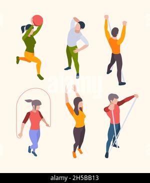 Personnages de fitness à domicile.People sport gym exercices avec la diffusion en ligne instructeur d'aérobic fonctionnel entraînement et yoga vecteur isométrique ensemble Illustration de Vecteur