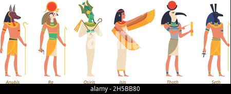 Dieux d'Égypte.Personnages authentiques antiques histoire conte de fées sculptures pharaon jackal anubis oiseaux osiris isis vecteur exact dieux Illustration de Vecteur