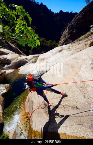 FRANCE, CORSE ( 2A ), ZONZA, CANYONING DANS LA PETITE RIVIÈRE APPELÉE PURCARRACCIA DANS LES MONTAGNES DE BAVELLA Banque D'Images