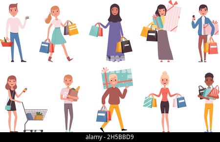 Acheteurs.Les acheteurs de supermarché de détail avec des sacs shopping shopaholic personnes nowaday personnages vectoriels Illustration de Vecteur