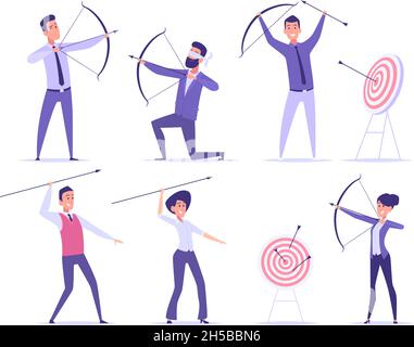 Business archer.Directeur de bureau tir à la cible de but ou de viser professionnel avec l'arc et les flèches caractères vectoriels exacts Illustration de Vecteur