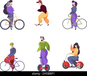 Équitation.Transport urbain voiture scooter électrique segway moto longboard skate garish vecteur personnages plats cavaliers isolés sur fond blanc Illustration de Vecteur