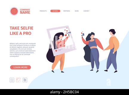 Page d'accueil du selfie.Les gens font la photo sur les caractères de smartphone tenant le téléphone garache vecteur modèle de site Web d'affaires Illustration de Vecteur