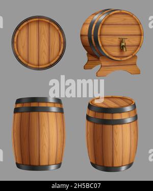 Fûts en bois.Récipients pour l'alcool liquides bière ou vieux vin liège barils avec des cercles d'acier décents vecteur modèles réalistes Illustration de Vecteur