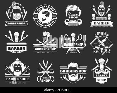 Logo Gentleman.Articles de salon de coiffure ciseaux lame peigne brosse sèche-cheveux étiquettes vectorielles récentes Illustration de Vecteur