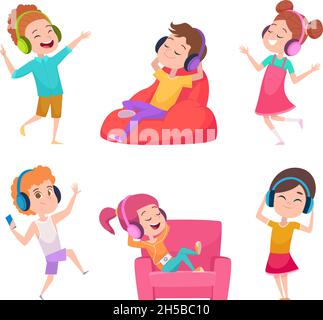 Les enfants écoutent de la musique.Enfants loisirs appréciant le son heureux paresseux adolescents exact vecteur dessins animés illustrations Illustration de Vecteur