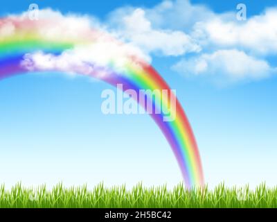 Arrière-plan ensoleillé.Vert herbe bleu ciel avec nuages et arc-en-ciel décente vecteur paysage de jardin réaliste Illustration de Vecteur