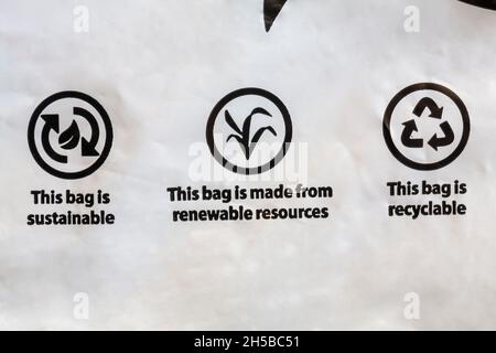 ce sac est durable, il est fabriqué à partir de ressources renouvelables, il est recyclable - détail sur le sac d'emballage, emballage recyclable Banque D'Images