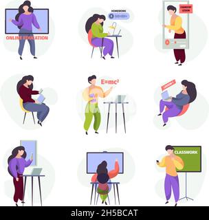 E apprentissage des personnages.Services d'éducation en ligne enseignants de faire des leçons et des didacticiels pour les étudiants sur PC portable tablette pc et smartphones Garish Vector Illustration de Vecteur