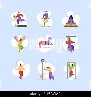 Personnages sportifs.Un style de vie sain les gens font des exercices quotidiens dans le parc yoga gym vélo jogging grenat illustrations vectorielles plates Illustration de Vecteur