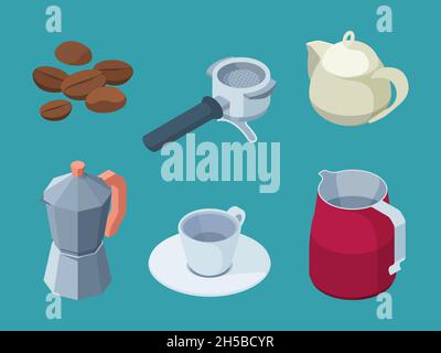Produits à café.Barista équipement professionnel machine à café boissons chaudes tasses espresso noir haricots naturels grenat illustrations isométriques vectorielles Illustration de Vecteur
