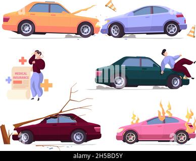 Assurance accident de voiture.Les véhicules endommagés écrase les problèmes de vol d'automobile flammes d'incendie de voiture garache vecteur collection d'illustrations de dessin animé Illustration de Vecteur