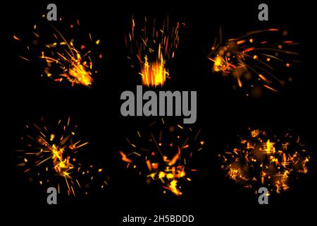 Particules de feu.Effets lumineux avec peu de pièces de flamme brûlée étincelles décente vecteur réaliste ensemble isolé Illustration de Vecteur