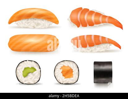 Sushi réaliste.Différents plats japonais de poisson sushi algues rouleaux délicieux produits de la collection asiatique de l'illustration vectorielle décent de cousine Illustration de Vecteur