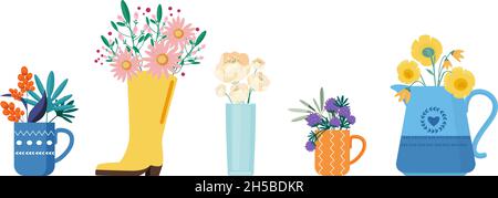 Bouquets fleuris de printemps.Fleurs d'été en bottes de pluie, tasses de bouilloire.Magnifique illustration vectorielle de cadeau de style rural Illustration de Vecteur