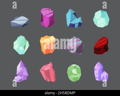 Pierres naturelles.Pierres gemmes brillantes diamant rubis quartz cristal polygonal 3d formes non coupées pierres garish vecteur images isolées Illustration de Vecteur