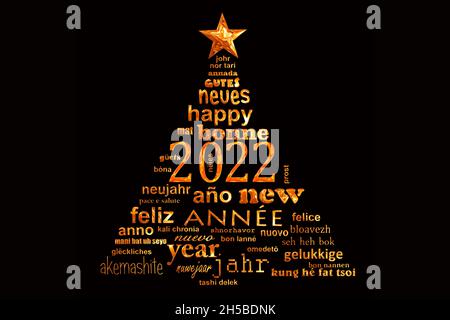 carte de vœux 2022 new year multilingue word cloud en forme d'arbre de noël Banque D'Images