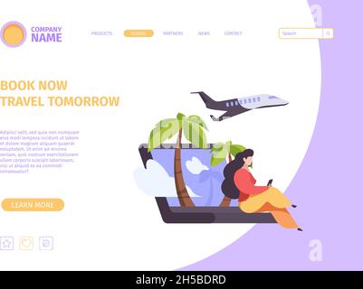 Page d'accueil de la réservation en ligne.Modèle d'écran de site Web avec scènes de concept de voyageurs achat de billet d'avion enregistrement sur smartphone Garish Vector Illustration de Vecteur