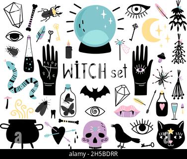 Éléments magiques de sorcière.Collections dessinées à la main pour le magicien, cauchdron avec potion et boule de cristal pour magicien, vecteur d'illustration concept de sorcellerie noire isolée sur fond blanc Illustration de Vecteur
