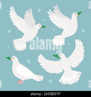 Colombes avec branche d'olive.Concept de la journée internationale de la paix, symbole de noël ou de mariage, illustration vectorielle de pigeons d'espoir isolés sur fond bleu Illustration de Vecteur