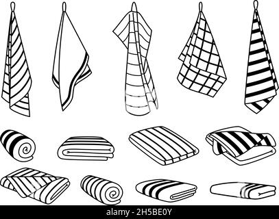 Serviettes pour icônes de cuisine.Articles propres mignons dessinés à la main pour sécher, dessin animé suspendu et ensemble de serviettes empilées, rouleaux d'illustration vectorielle de tissu textile isolé sur fond blanc Illustration de Vecteur