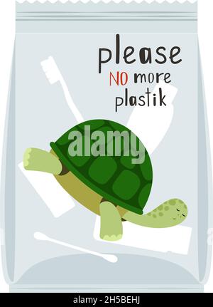 Pas de pollution plastique.Catastrophe écologique de l'eau, déchets dans l'océan.Tortue morte de mer dans le concept de vecteur de sac à ordures Illustration de Vecteur