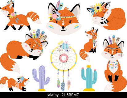 Renards et dreamcatcher.Animaux de la forêt de dessins animés avec des décorations indiennes sur la tête, illustration vectorielle de mammifères drôles avec des queues mignonnes isolées sur fond blanc Illustration de Vecteur