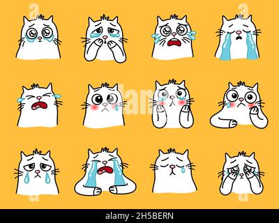 Des chats tristes emoji.Dessins animés animaux à la maison avec les grands yeux, les émotions mignonnes d'animaux aimant, illustration vectorielle de pleurs chat ensemble isolé sur fond jaune Illustration de Vecteur