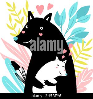 Maman et bébé animal.Dessins animés enserrant des renards entourés de branches, concept de bonheur familial dessiné dans le style scandinave, illustration vectorielle des personnages de la faune Illustration de Vecteur