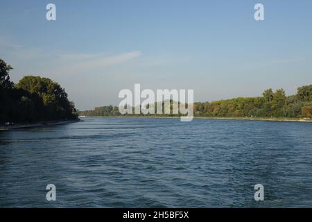 Rive orientale du Rhin vue de la rivière par un jour d'automne froid et ensoleillé, Maxau, Karlsruhe, Bade-Wurtemberg, Allemagne Banque D'Images