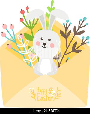 Carte de Pâques avec lapin.Papier spécial de dessin animé avec des branches en fleurs, lapin heureux dans la carte postale de vacances, illustration vectorielle de célébrer le jour du printemps isolé sur le backgro blanc Illustration de Vecteur