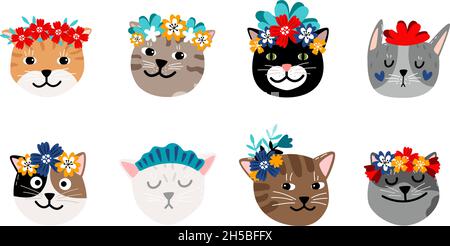 Chats dans des couronnes de fleurs.Les visages de chat, les animaux mignons portent des éléments floraux.Jeu de vecteurs d'émoticônes boho doodle de dessin animé de chaton Illustration de Vecteur