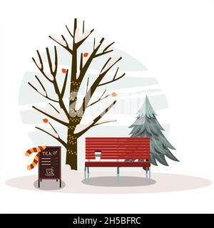 Parc d'hiver Vector avec banc d'arbres et thé.Fond de dessin animé avec guirlandes, un arbre de Noël et un support à thé.Jolie illustration plate à propos de Illustration de Vecteur