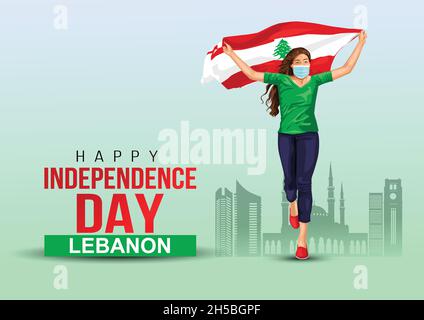 Happy Independence Day Liban Vector Template Design Illustration. Une fille qui fonctionne avec fag. Covid 19 corona virus concept Illustration de Vecteur