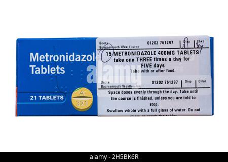 pack de Metronidazole comprimés antibiotiques utilisés pour traiter un certain nombre d'infections bactériennes - capsules d'antibiotiques, pilules d'antibiotiques Banque D'Images