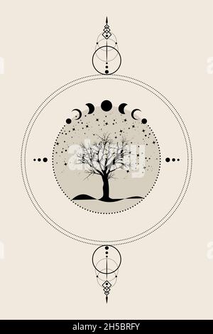 Arbre sacré.Phases de la Lune mystique dessinées à la main, arbre de vie, géométrie sacrée.Wicca bannière vieux signe, cercle d'énergie, vecteur de style boho isolé sur vinta Illustration de Vecteur