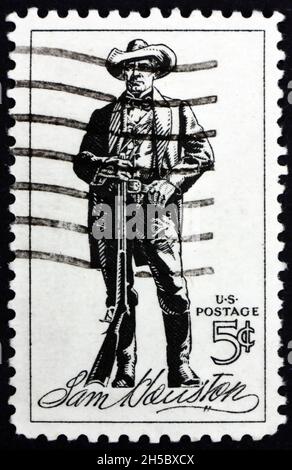 États-Unis - VERS 1964 : un timbre imprimé aux États-Unis montre Sam Houston (1793-1863), soldat, président du Texas et sénateur des États-Unis, vers 1964 Banque D'Images