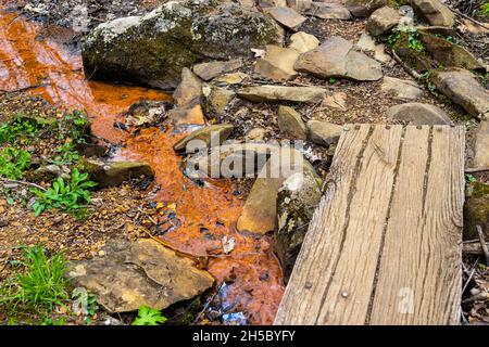 Shamokin Springs nature réserve sentier de randonnée dans la station de ski Wintergreen ville avec petit ruisseau coulant et pont de planches en bois traversant Banque D'Images