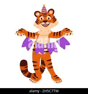 Tigre souriant sur toute la longueur avec chapeau de fête et drapeaux de guirlande.Animal de zodiaque chinois.Symbole de la nouvelle année 2022, 2034.Illustration vectorielle isolée o Illustration de Vecteur