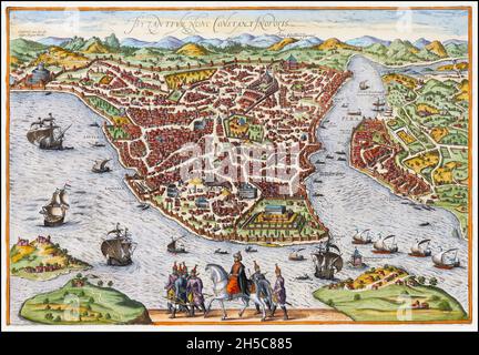 Carte aérienne de Constantinople, aujourd'hui Istanbul, Turquie, ca. 1660 - Byzantion (ancien nom grec), Nova Roma (« Nouvelle Rome »), Miklagard/Miklagarth (vieux norrois), Tsarigrad (slave), Qustantiniya (arabe), Basileuousa (« Reine des villes »), Megalopolis (« la Grande ville »), Πόλις (« la ville »), Konstantiniyye (turc) Banque D'Images