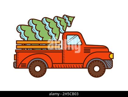 Camion de noël rouge vintage avec un arbre de noël Illustration de Vecteur