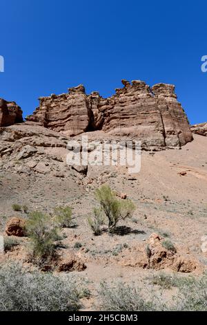 Canyon vue ensoleillée avec des rochers et une texture prononcée d'une pierre jaunâtre, orientation portrait Banque D'Images