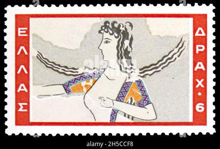MOSCOU, RUSSIE - 24 OCTOBRE 2021 : timbre-poste imprimé en Grèce montre Dancer (fresco), Minoan Art série, vers 1961 Banque D'Images