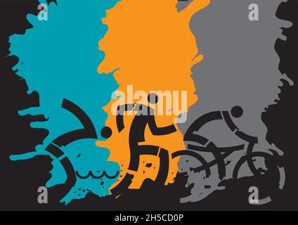 Trois courses de triathlon, arrière-plan banier.Dessin expressif de trois athlètes de triathlon sur fond de grunge.Vector disponible. Illustration de Vecteur