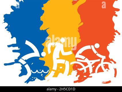 Trois courses de triathlon, arrière-plan banier.Dessin expressif de trois athlètes de triathlon sur fond de grunge.Vector disponible. Illustration de Vecteur