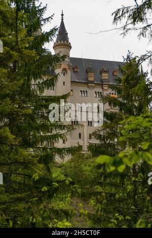 26 Mai 2019 Fussen, Allemagne - Château de Neuschwanstein au milieu des montagnes alpines vertes de printemps. Banque D'Images