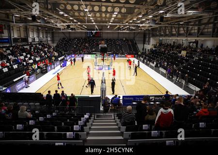 Newcastle upon Tyne, Tyne and Wear, Angleterre, 24 février 2020.La Grande-Bretagne et l'Allemagne s'échauffent avant leur match de qualification Eurobasket 2021 à l'arène communautaire Eagles.Crédit Colin Edwards Banque D'Images