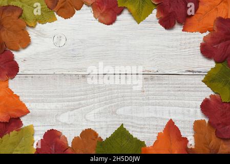 Un cadre de feuilles d'automne sur des planches blanches rustiques lavées.Feuilles artificielles avec de l'espace pour votre copie. Banque D'Images