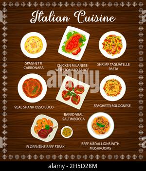 Cuisine italienne, menu de pâtes et de viandes, Vector.Plats et repas du restaurant italien, spaghetti à la tomate et au fromage, bœuf florentin Illustration de Vecteur